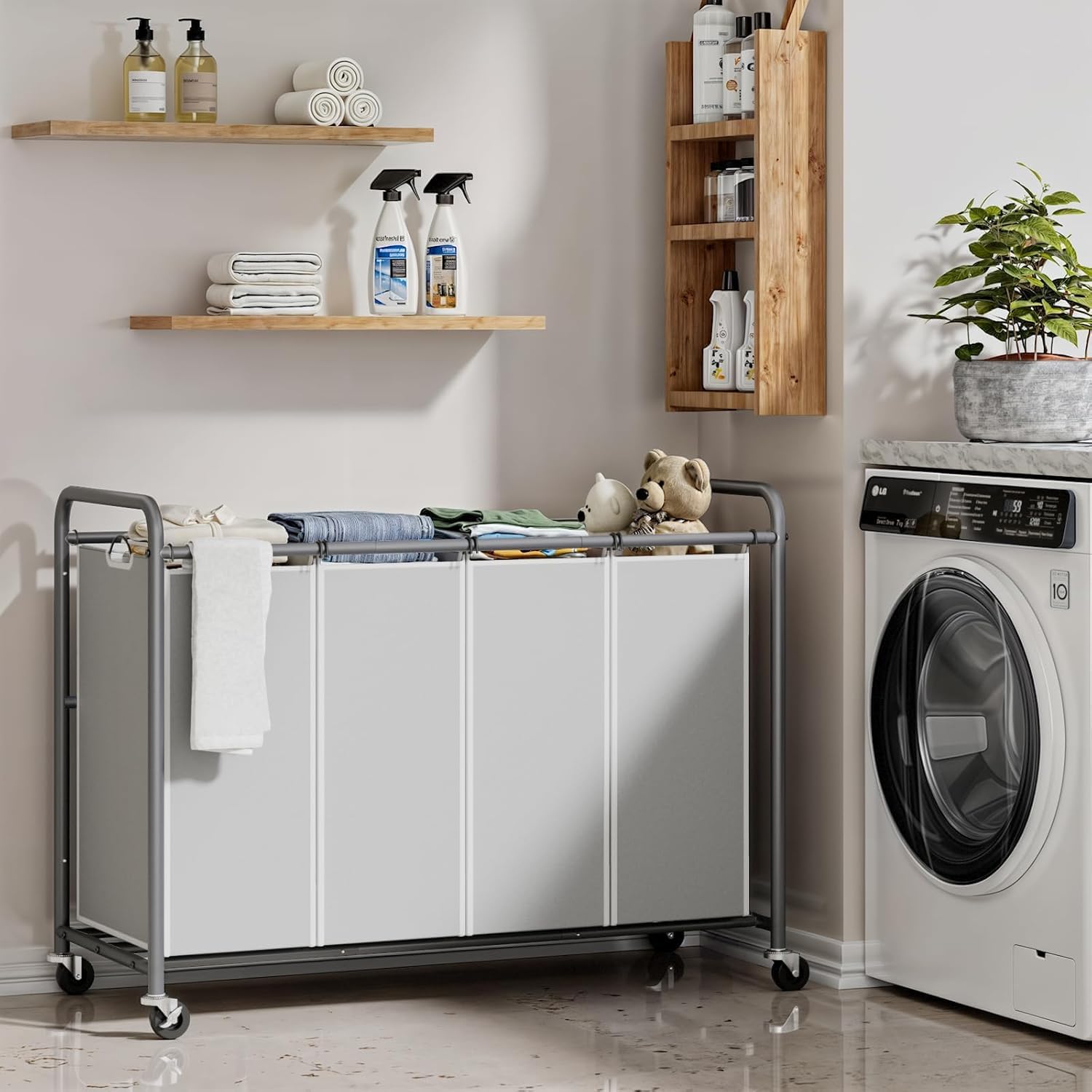 ROMOON cart shows 4-section divider for quick sorting of clothes.
