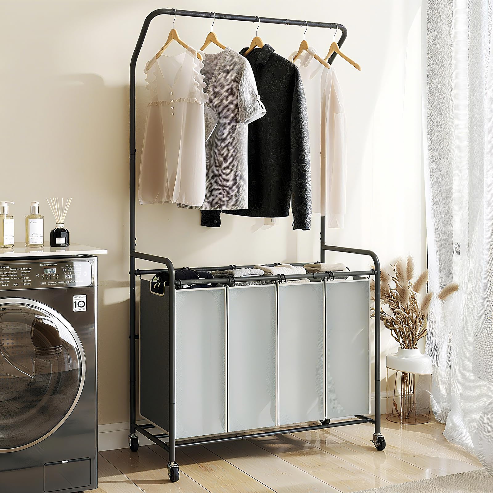 ROMOON four-section laundry sorter cart keeps colors organized for easy sorting