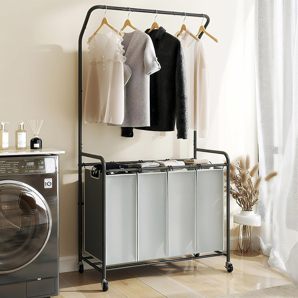 ROMOON four-section laundry sorter cart keeps colors organized for easy sorting