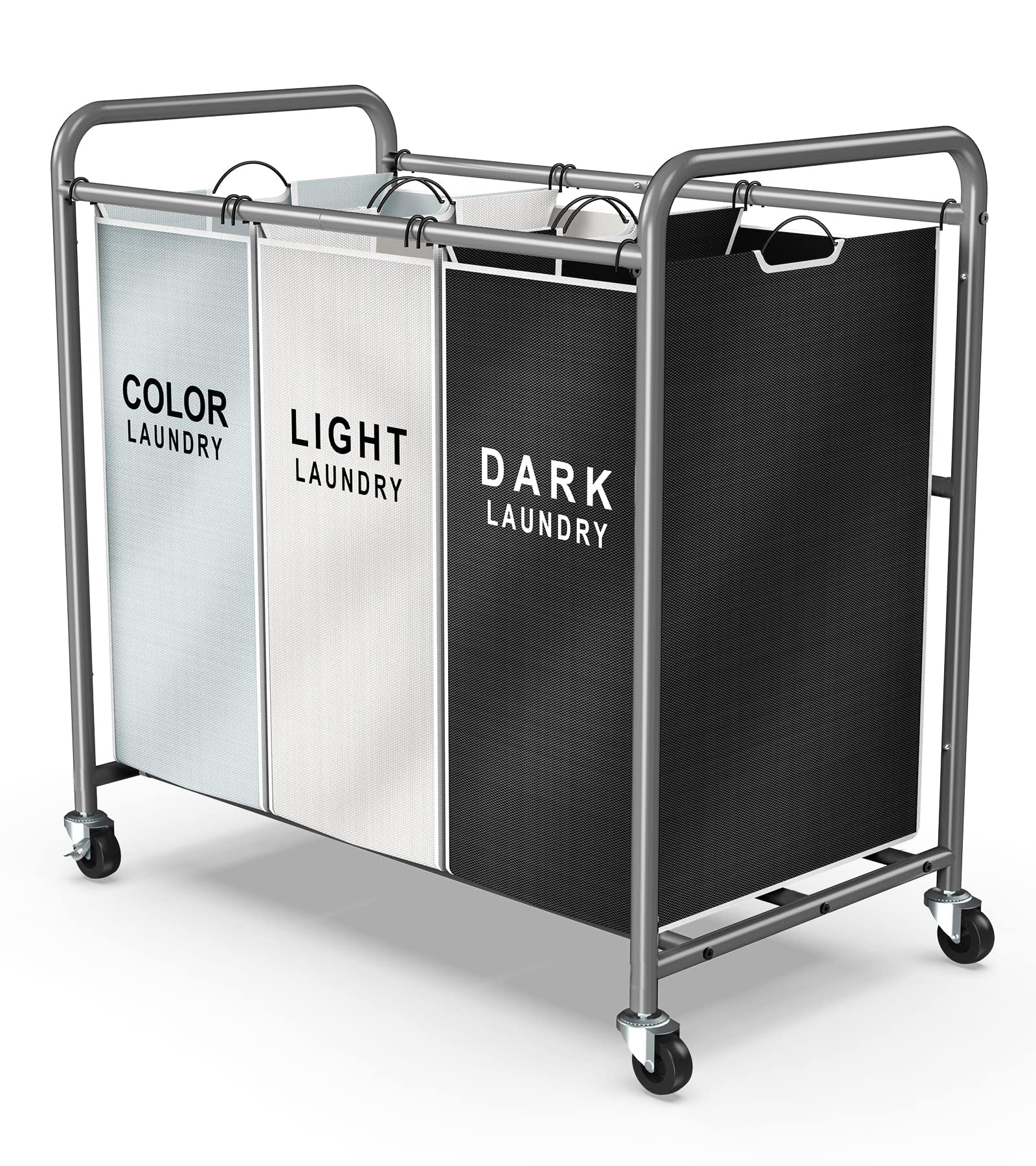 ROMOON laundry-sorter 3-section frame shows sturdy metal construction for durability