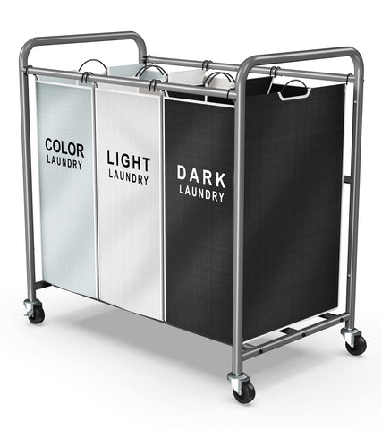 ROMOON laundry-sorter 3-section frame shows sturdy metal construction for durability