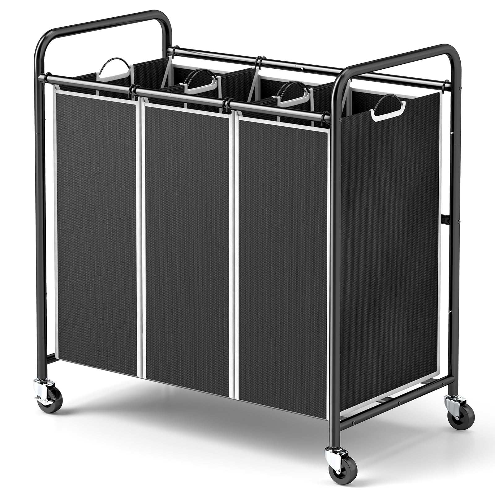 ROMOON laundry sorter 3-section front view shows compact sorting for daily laundry.