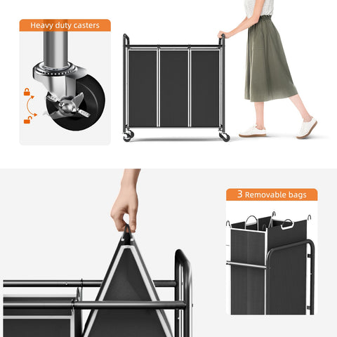 ROMOON laundry sorter 3-section in-use demonstrates rolling convenience in small spaces.