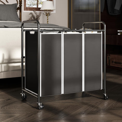 ROMOON laundry sorter 3-section side view highlights easy mobility with wheels.