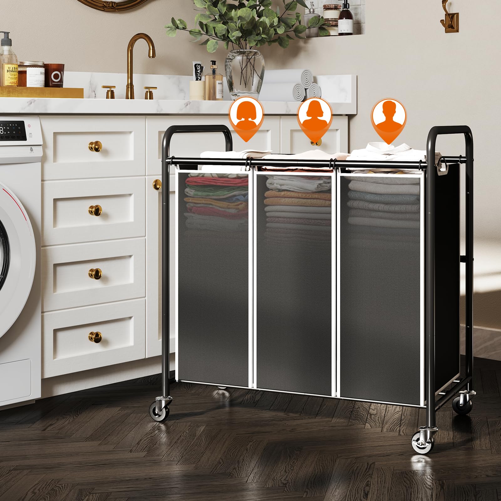ROMOON laundry sorter 3-section wheels close-up emphasizes lockable stability.