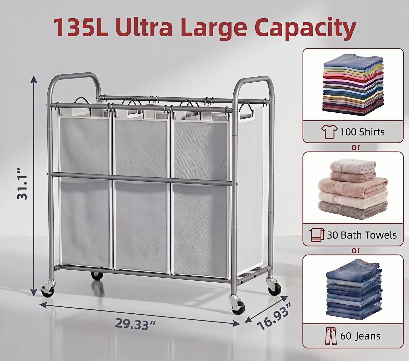 ROMOON lockable wheels glide smoothly and secure the unit in place.