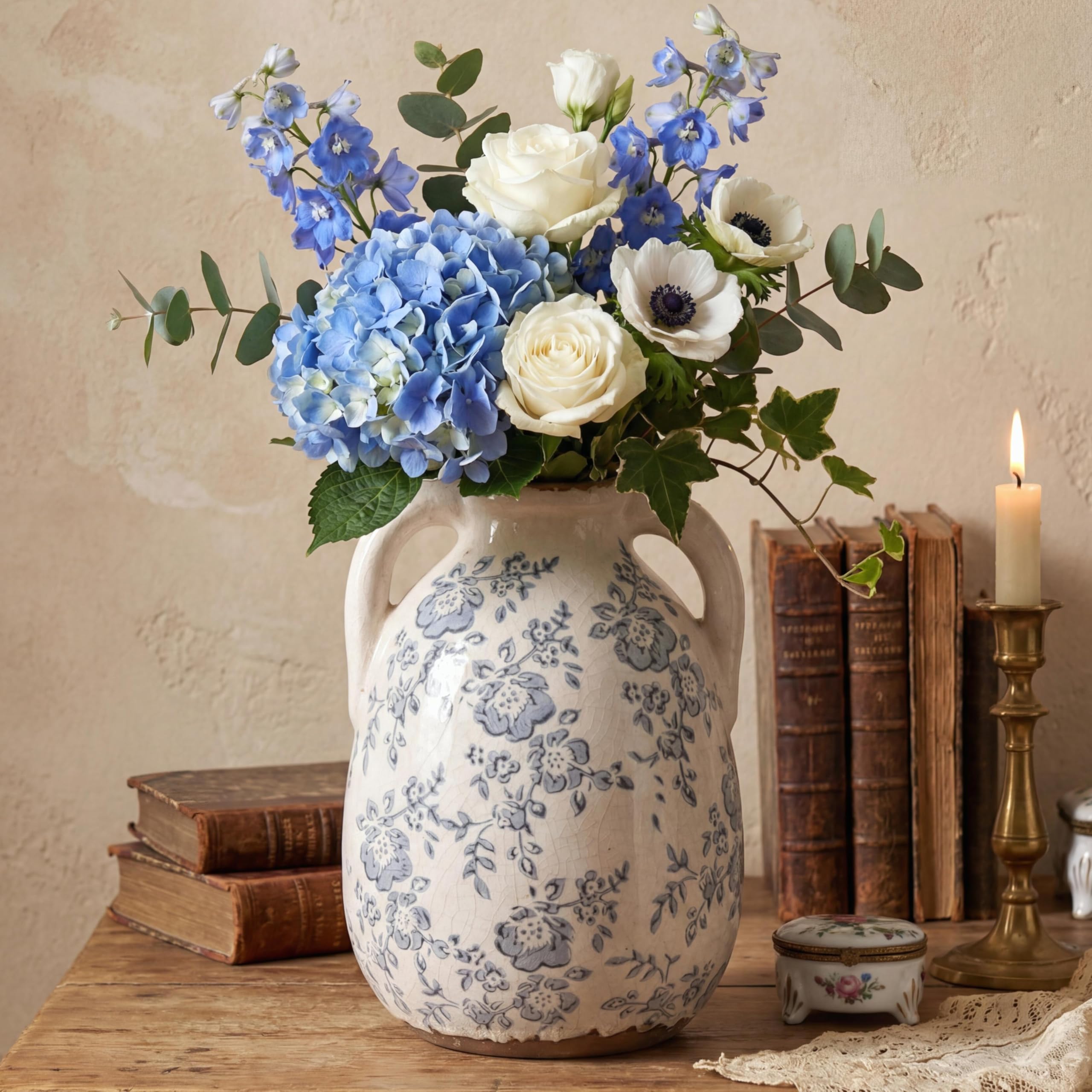 Ronasip vintage chinoiserie blue and white vase 7-inch with hand-painted peonies for shelf decor