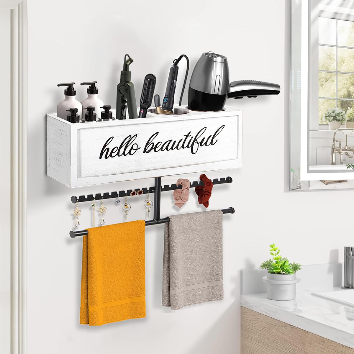 Ronjnndc hair tools organizer with six sections keeps blow dryer and brushes tidy.