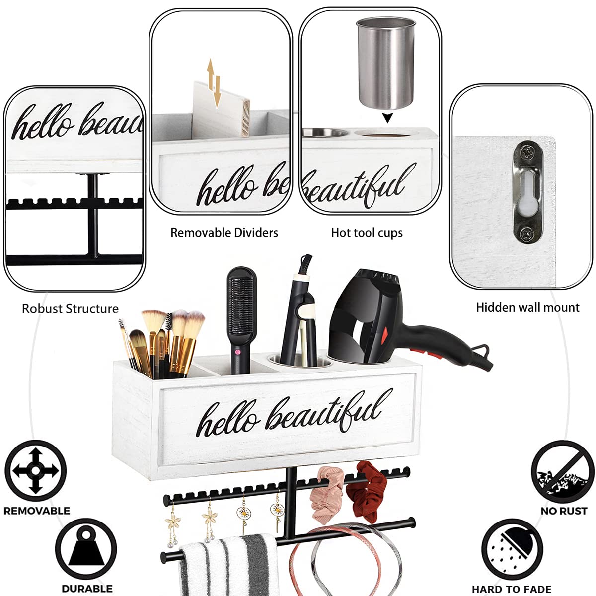 Ronjnndc wooden sections store makeup brushes and bottles for easy reach.