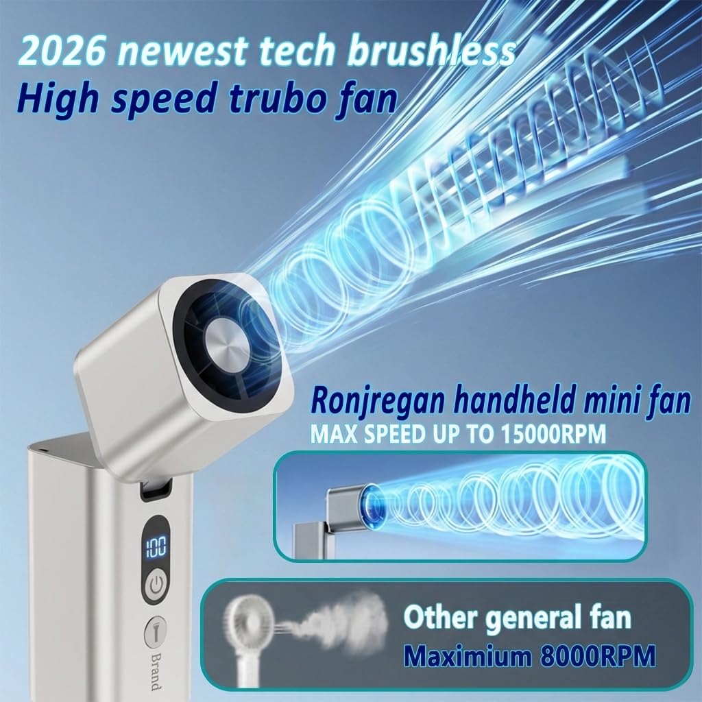 Ronjregan handheld turbo fan at 15000RPM delivers instant breeze for travel.