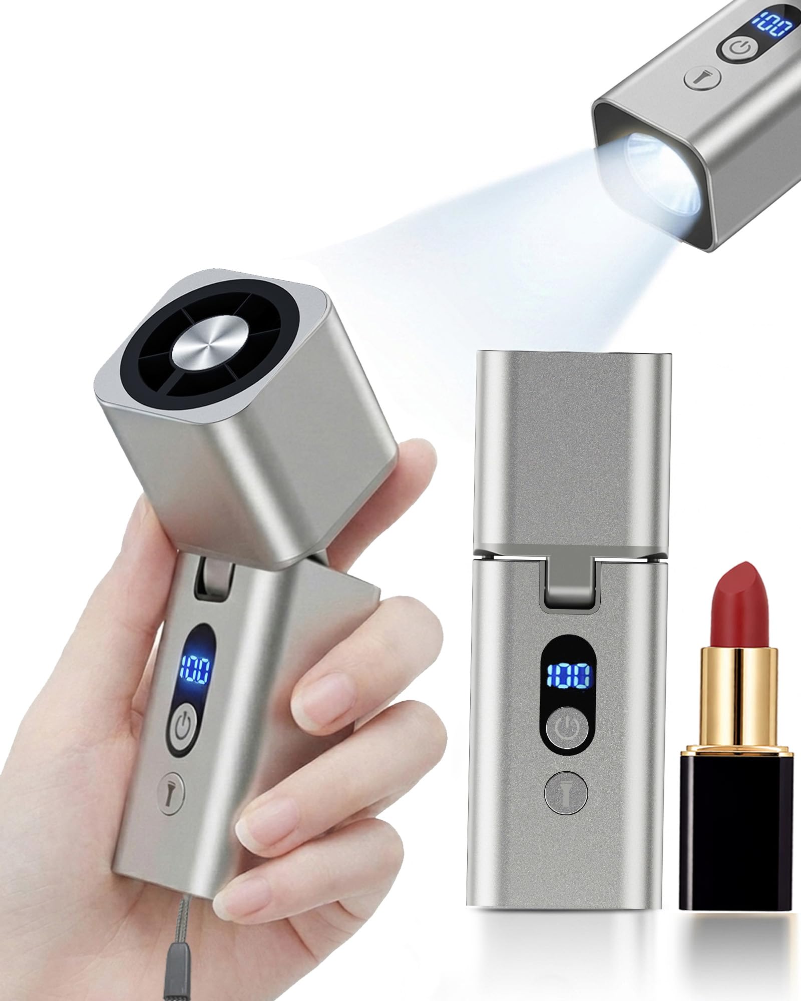 Ronjregan metal portable mini fan with silver finish provides on-the-go cooling.