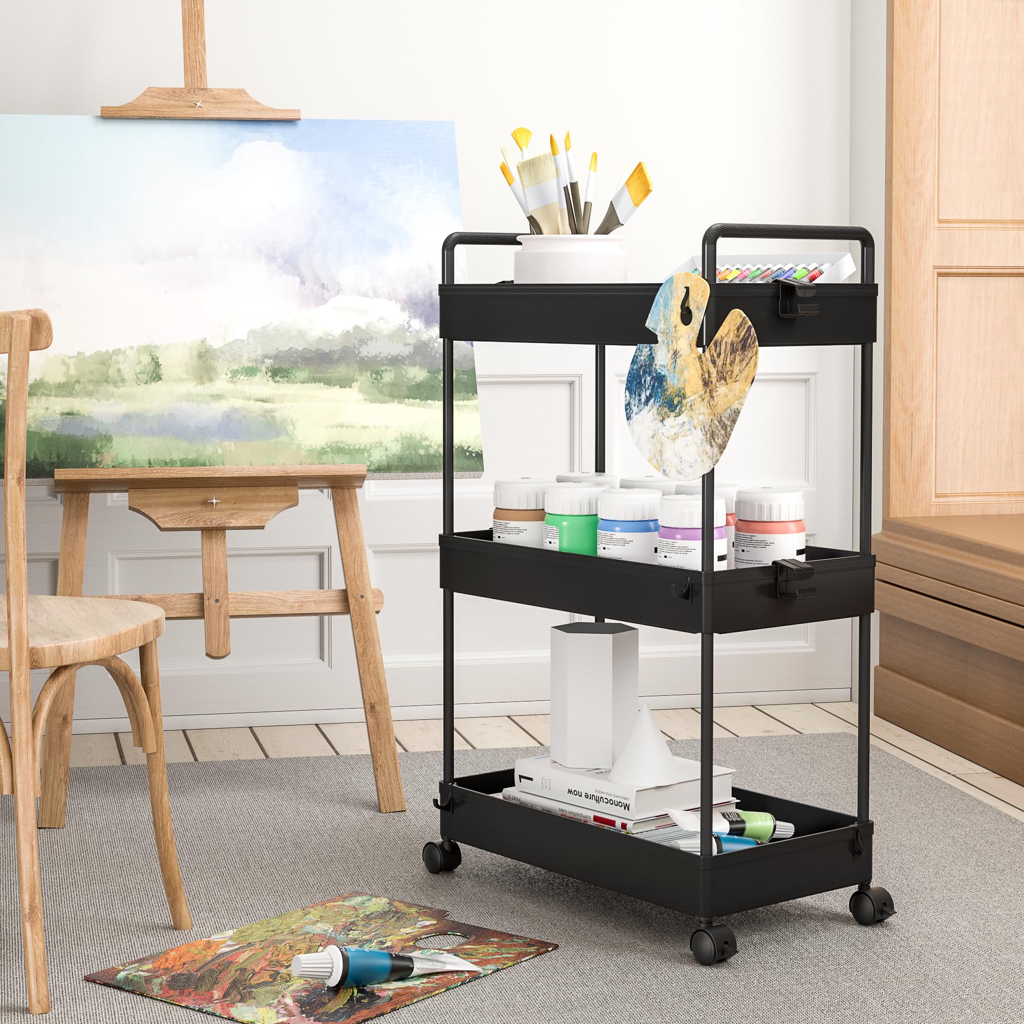 Ronlap bedside cart provides quick access to books and essentials.