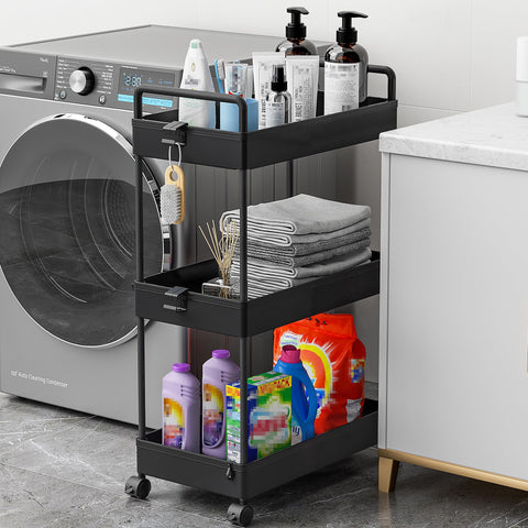 Ronlap cart beside the fridge adds accessible, organized surface space.