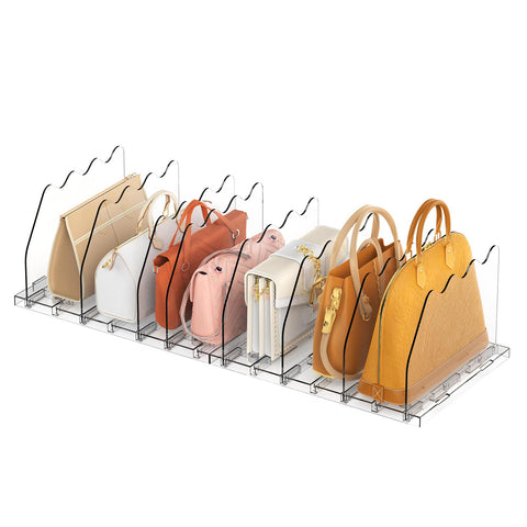 Ronlap purse dividers in closet create customizable compartments for bags.