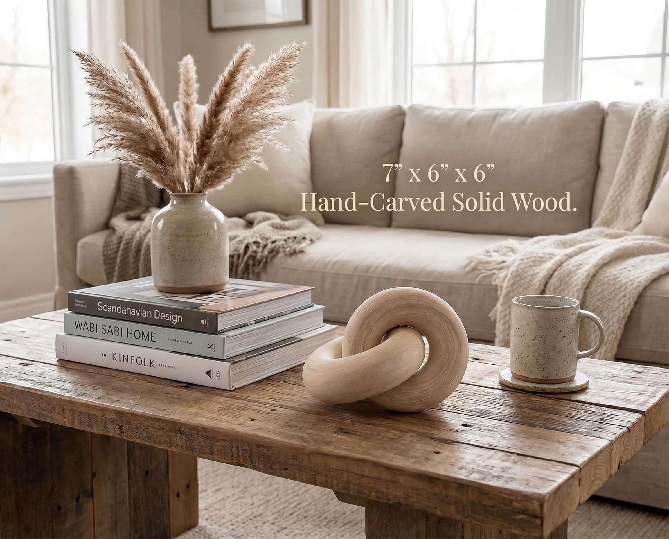 Rool wooden knot shelf decor brings lightweight, versatile accent for neutral shelves.