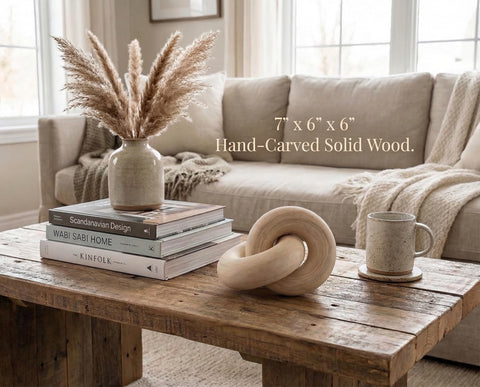Rool wooden knot shelf decor brings lightweight, versatile accent for neutral shelves.