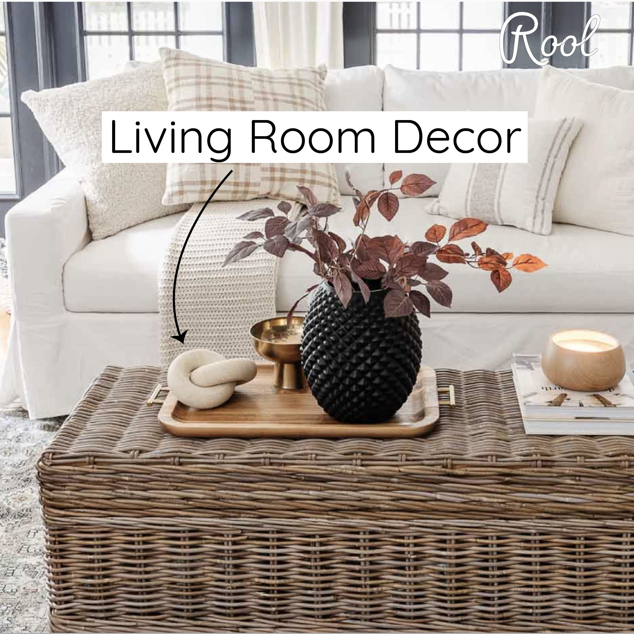 Rool beige wood knot sculpture enhances coffee and sofa table aesthetics.