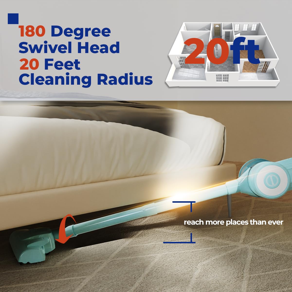 Roomie Tec 20ft cord reaches larger rooms with fewer interruptions.