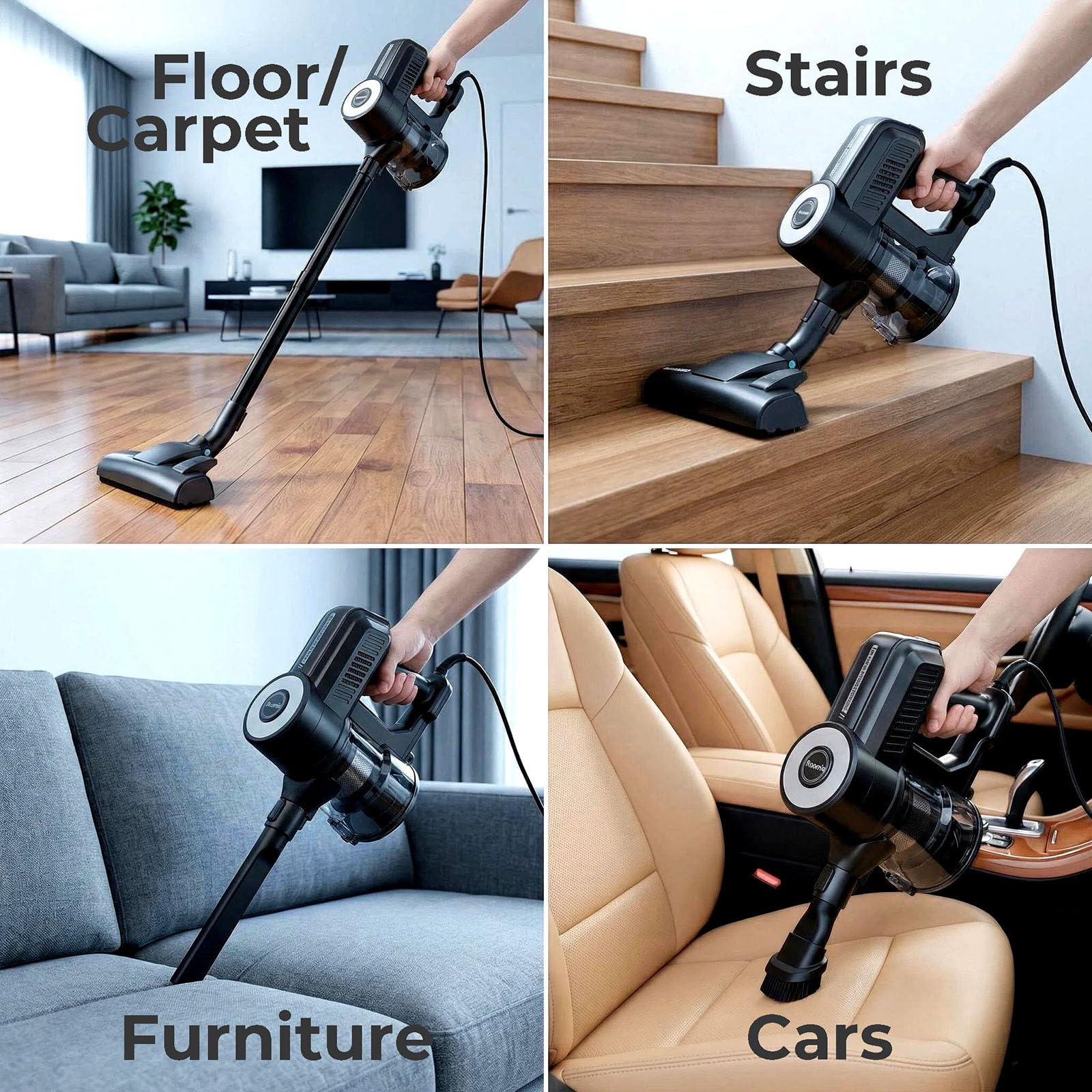 Roomie Tec 360-degree swivel head for easy maneuvering around furniture.