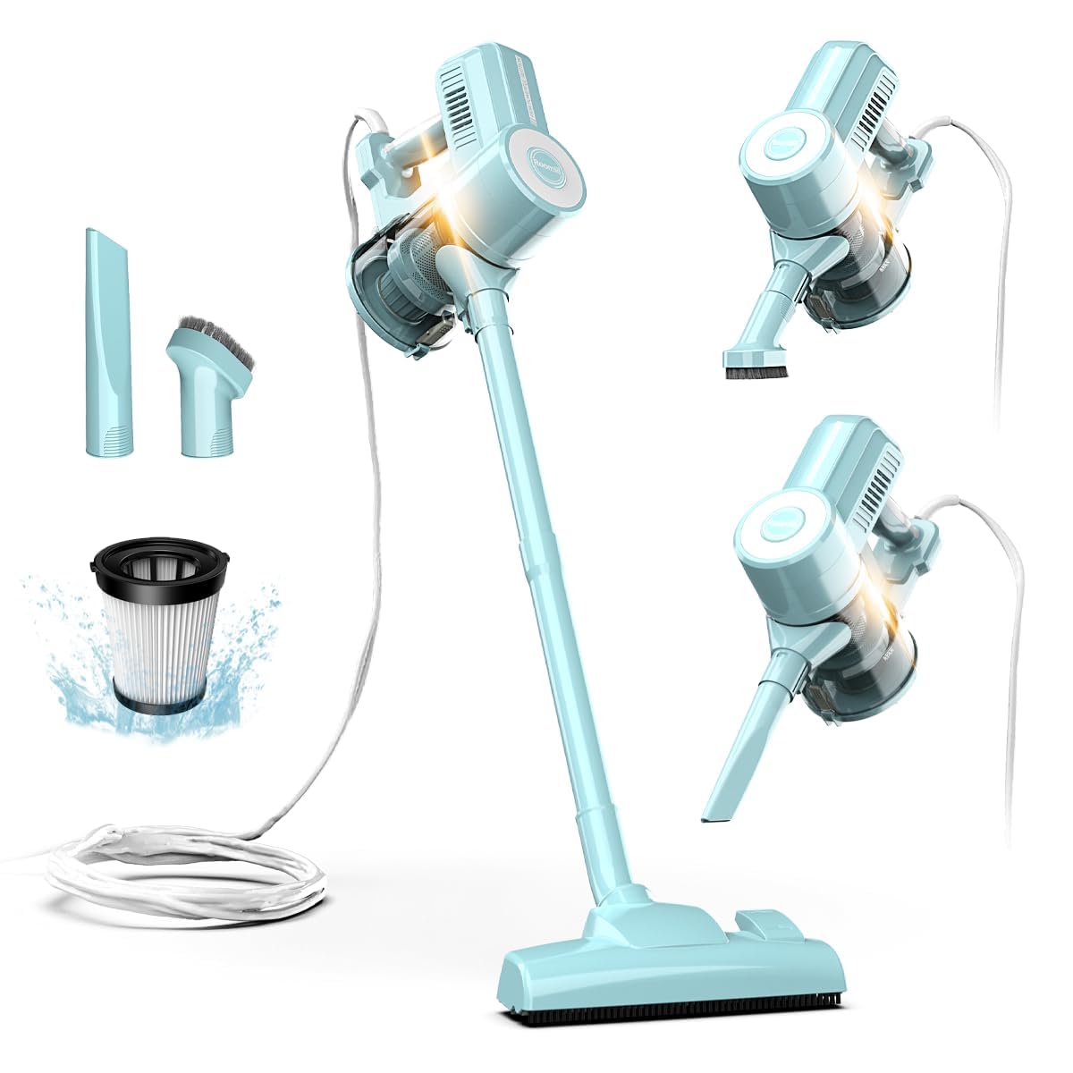 Roomie Tec corded stick vacuum on floor for deep cleaning and easy maneuverability.