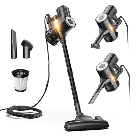 Roomie Tec corded stick vacuum cleaner front view with strong suction on carpets and floors.