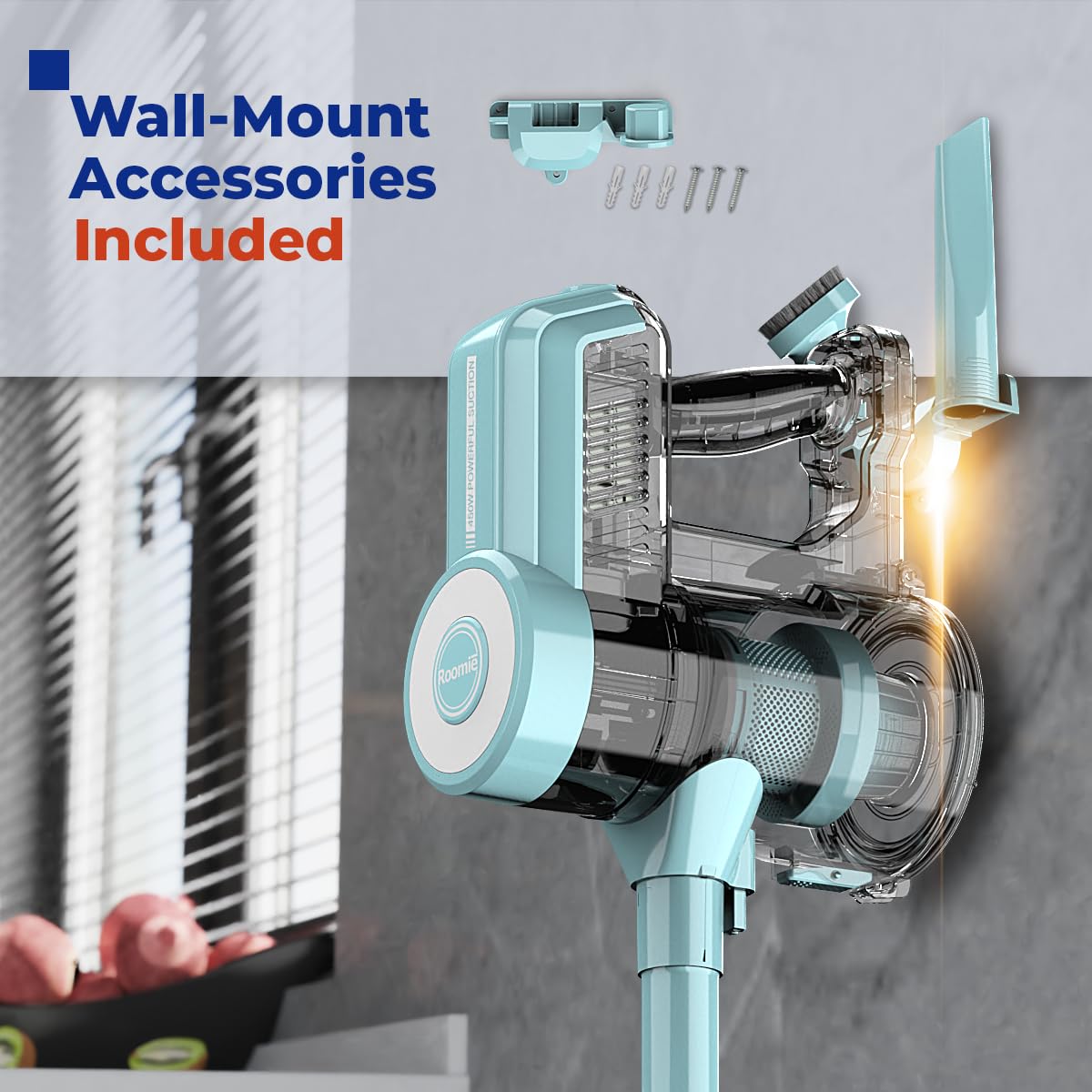 Roomie Tec floor head swivels 180 degrees for precise, agile cleaning around furniture.
