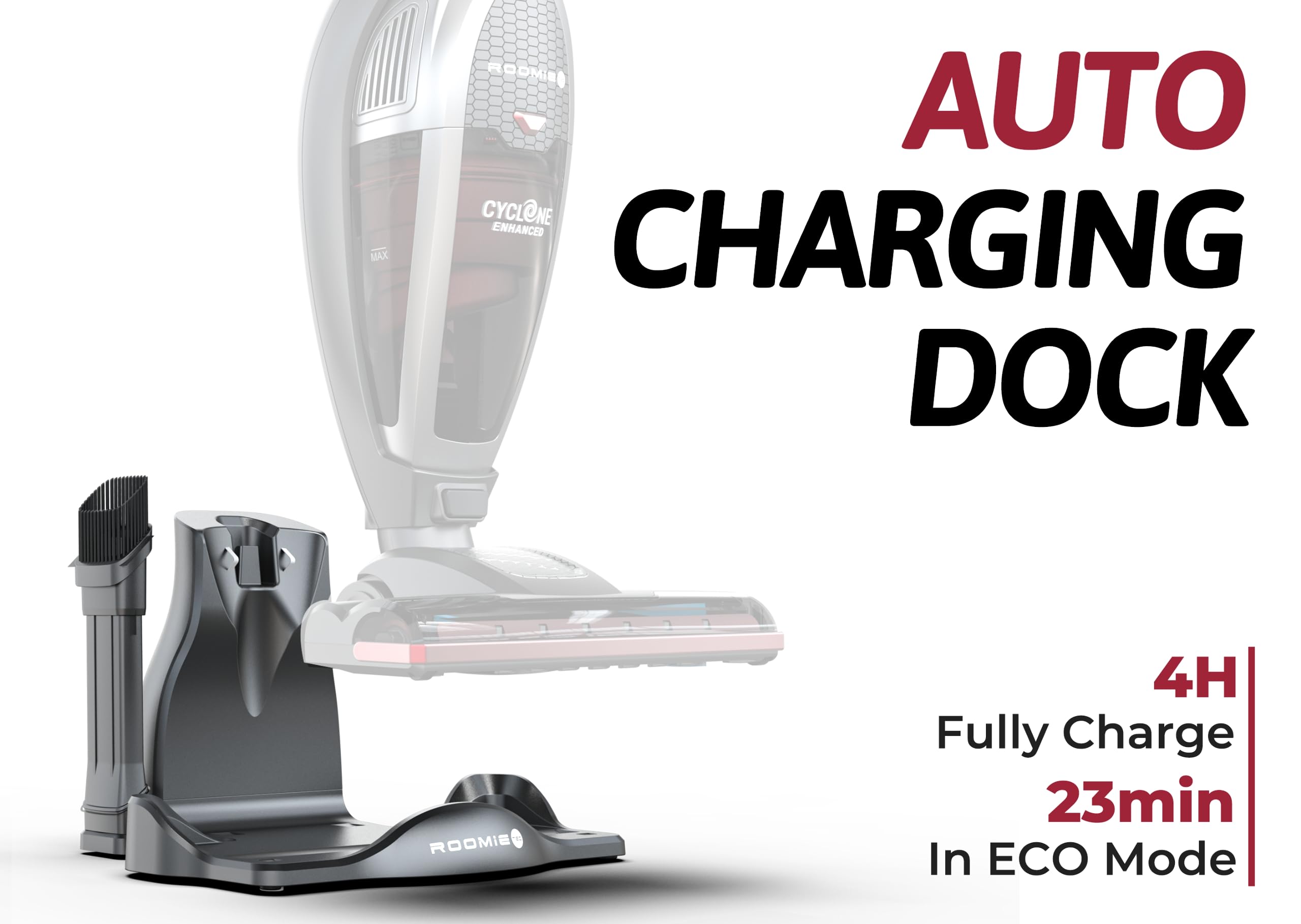 Roomie Tec SlimVac anti-tangle roller captures crumbs and litter efficiently.