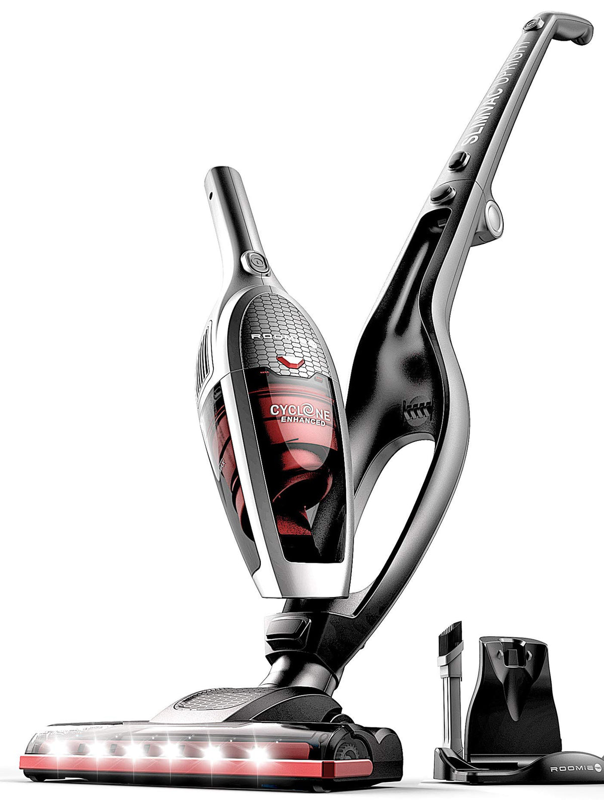 Roomie Tec SlimVac cordless vacuum showing lightweight design for easy home cleaning.