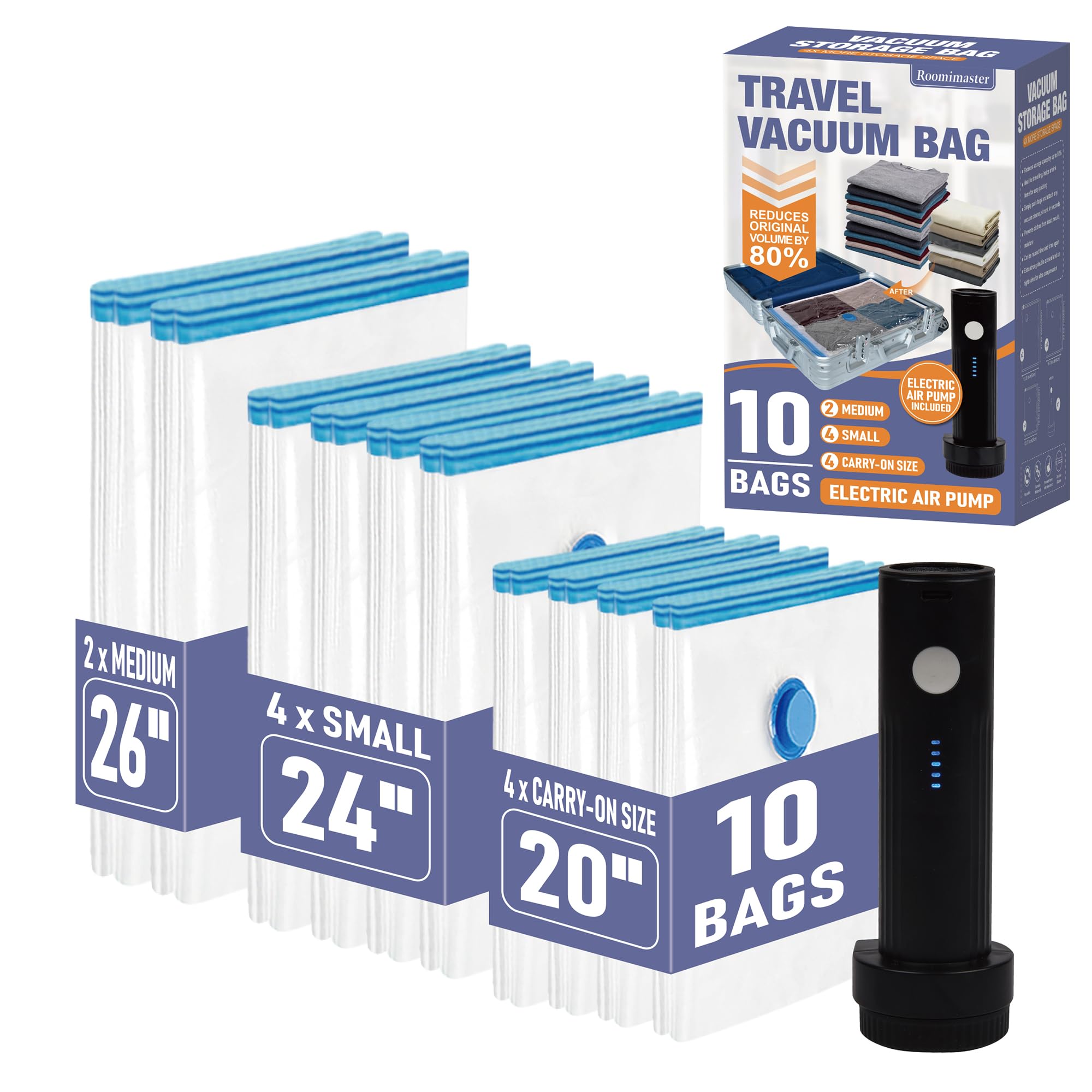 Roomimaster travel vacuum bags in luggage demonstrating space-saving packing