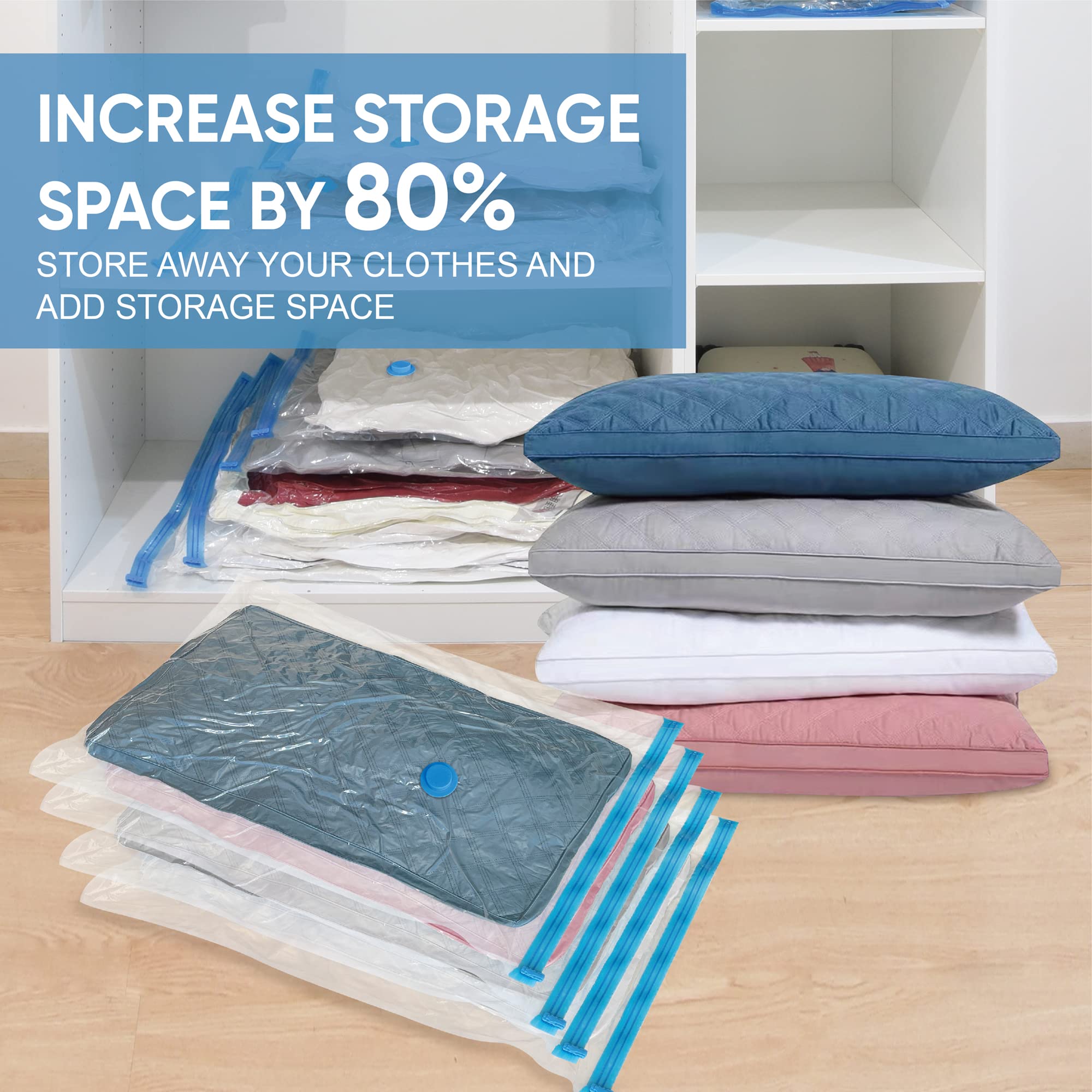 Roomimaster vacuum storage bags sealed in a closet to protect fabrics