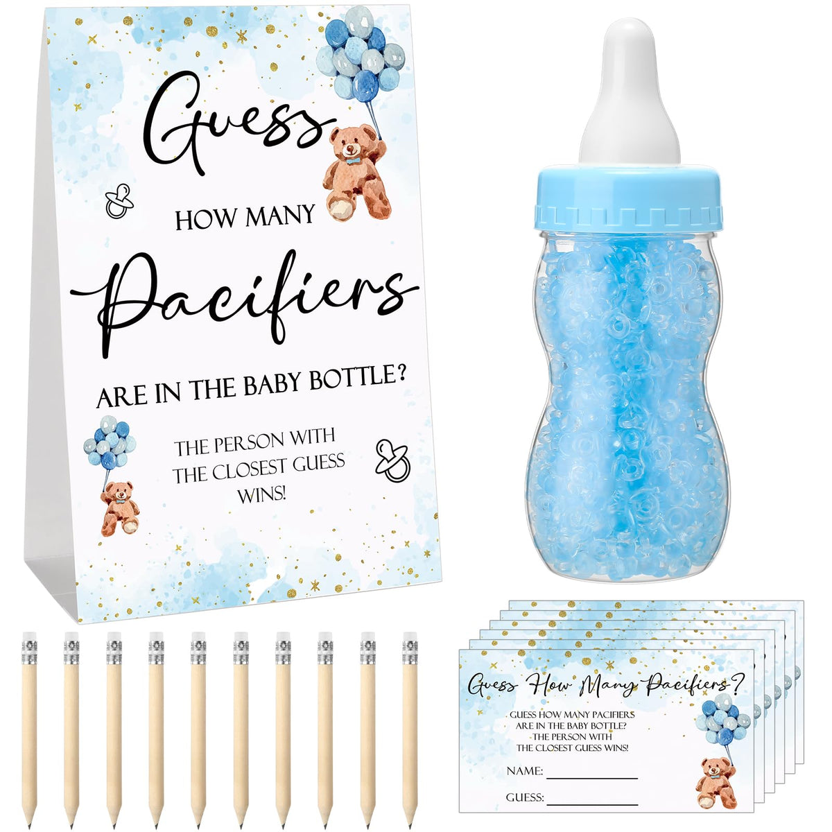 Roowest baby shower sign with pacifier guessing activity for guests
