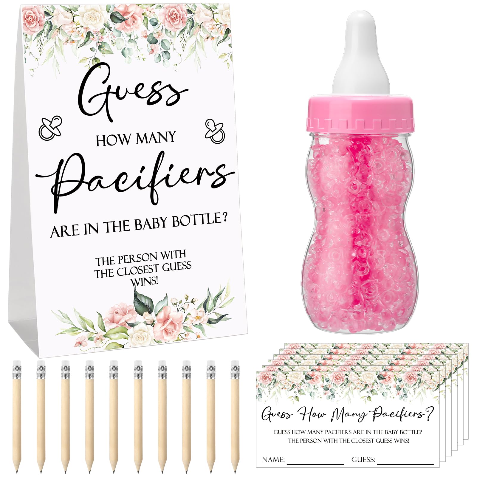 Roowest pink Guess How Many Pacifiers sign for baby shower games.