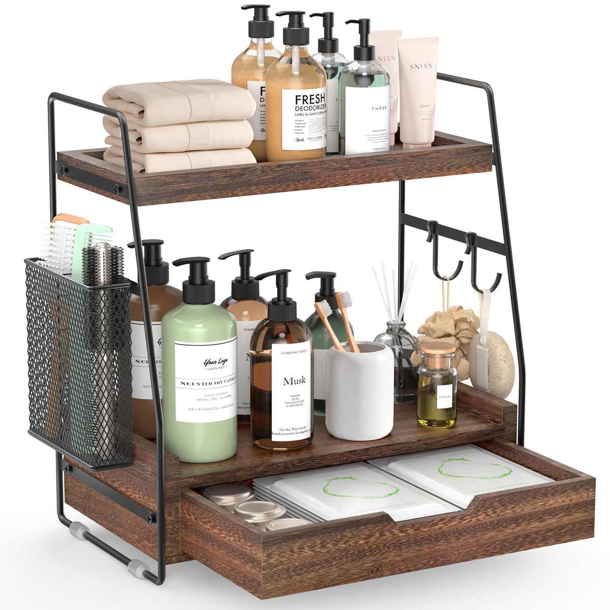 ROPALINS 2-tier bathroom organizer with drawer and removable basket keeps skincare neatly accessible.