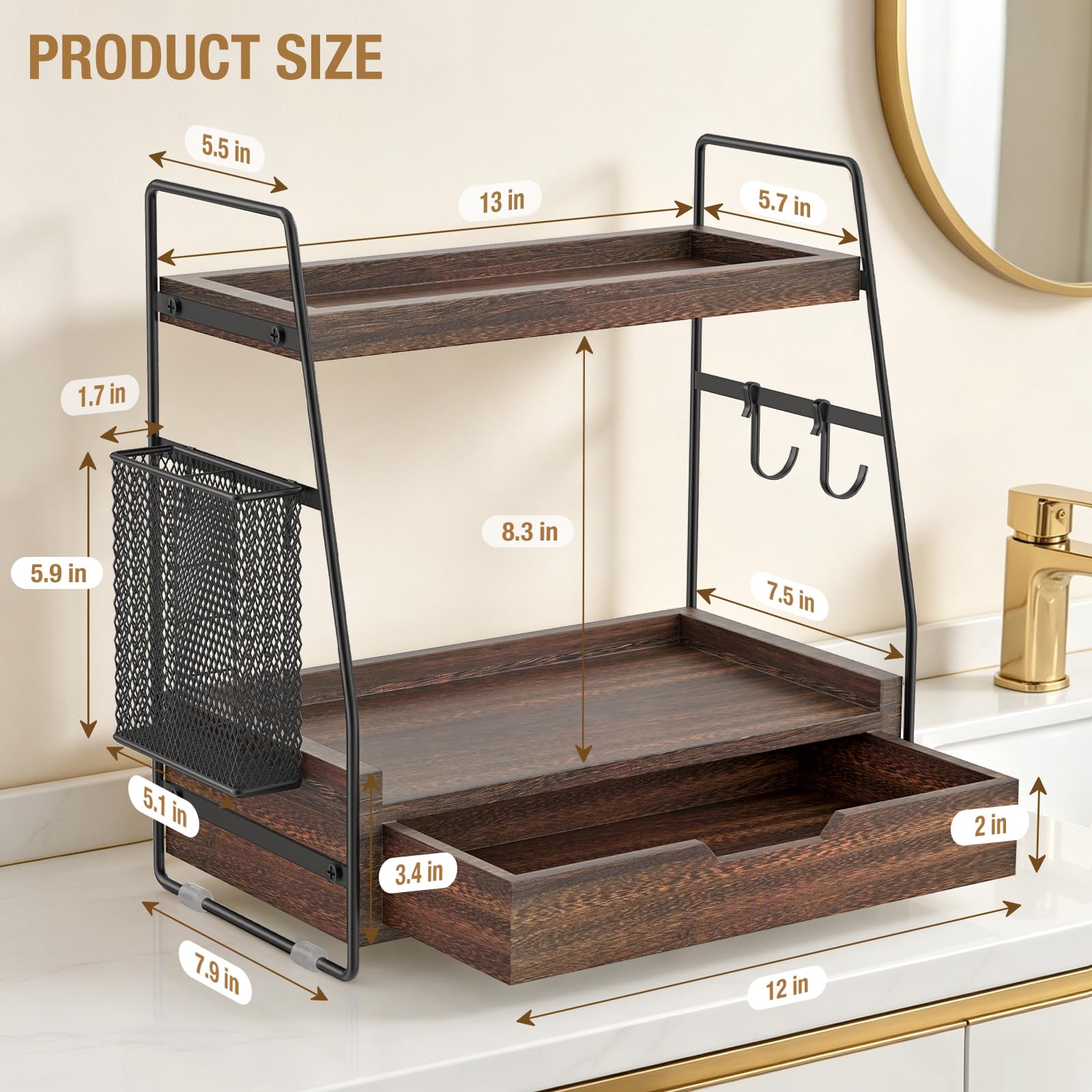 ROPALINS wood and metal construction adds durable style to any countertop organization.