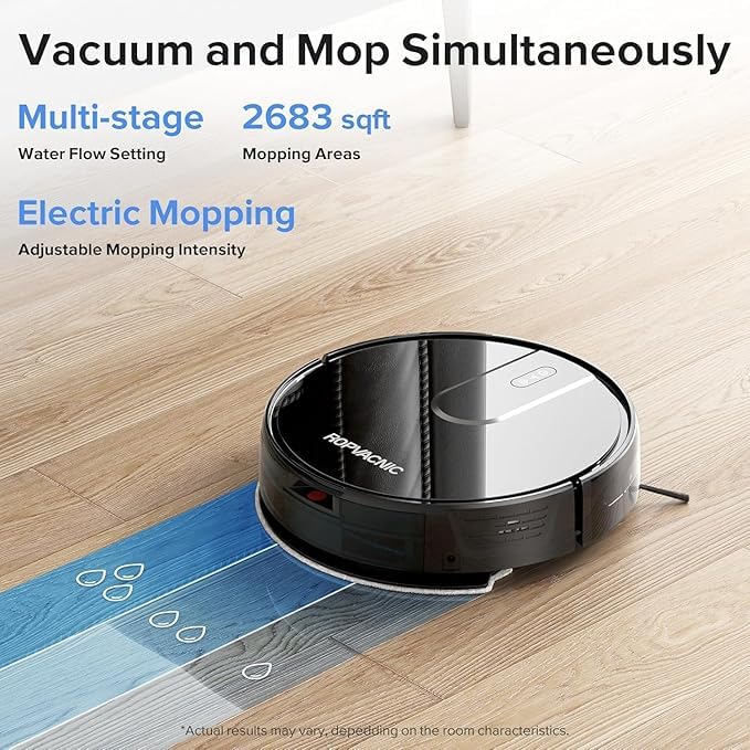 ROPVACNIC robot vacuum mopping tank demonstrates integrated cleaning capability.
