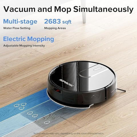 ROPVACNIC robot vacuum mopping tank demonstrates integrated cleaning capability.