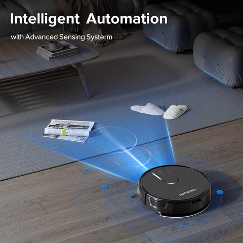 ROPVACNIC robot vacuum suction system captures debris across surfaces.