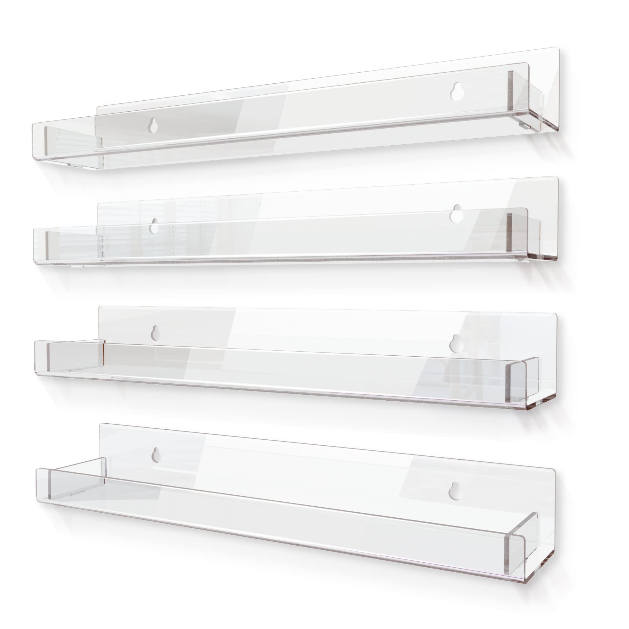 RORKIM 4-pack 15-inch clear acrylic shelves mounted for neat wall display and storage