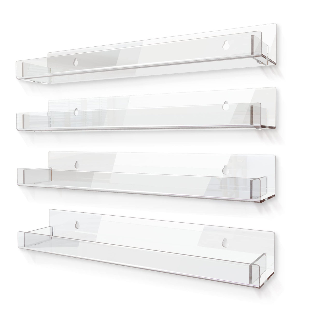 RORKIM 4-pack 15-inch clear acrylic shelves mounted for neat wall display and storage