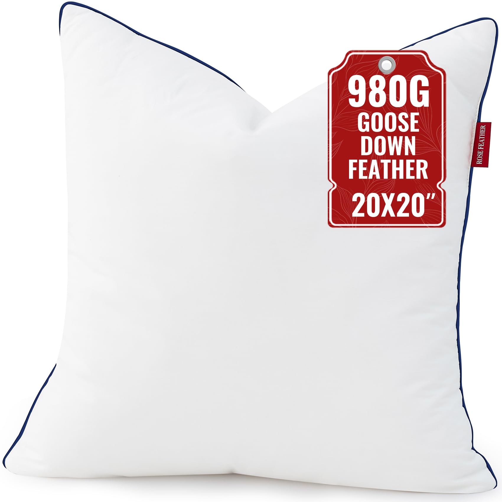 ROSE FEATHER down pillow insert 20x20 front view showing plush loft and shape