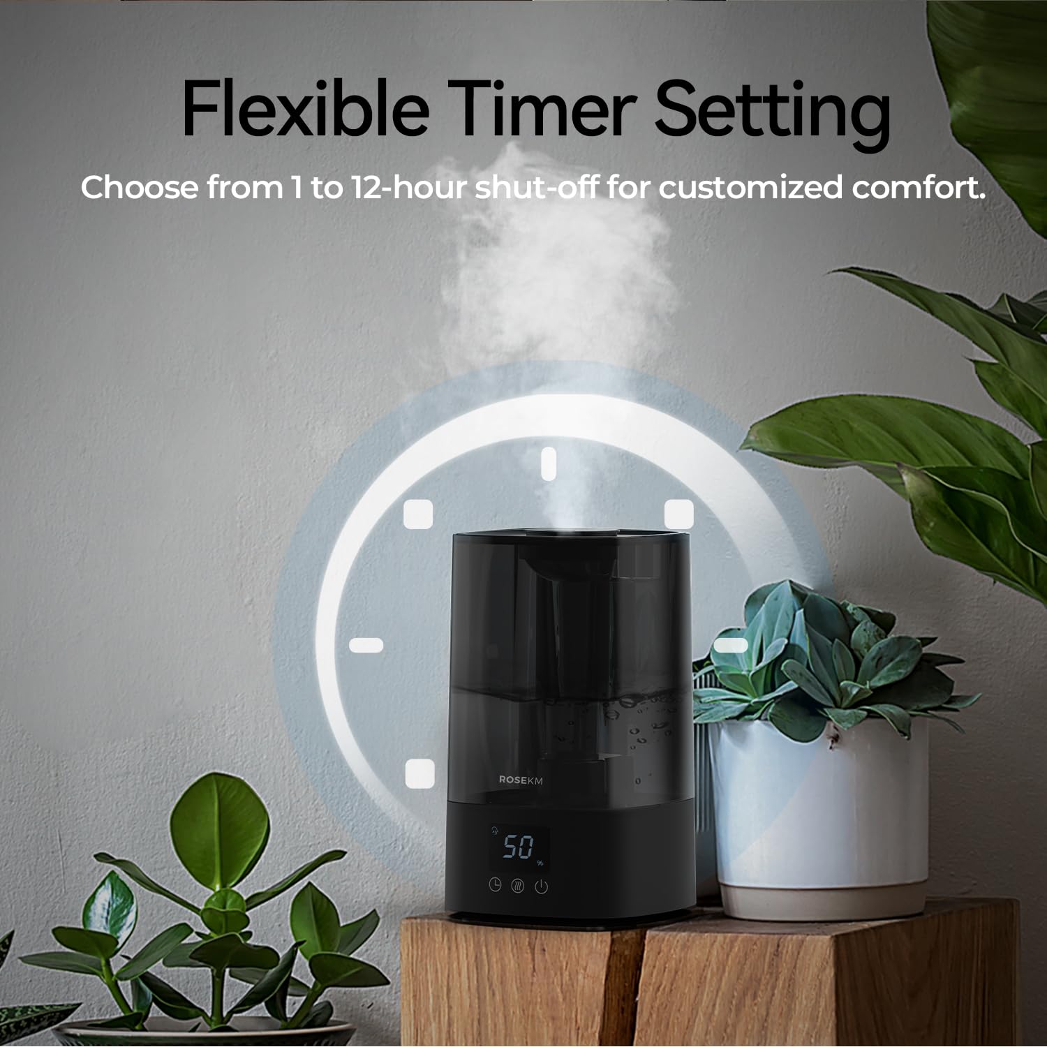 Rosekm 360° nozzle delivers mist across the room.
