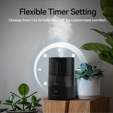 Rosekm 360° nozzle delivers mist across the room.