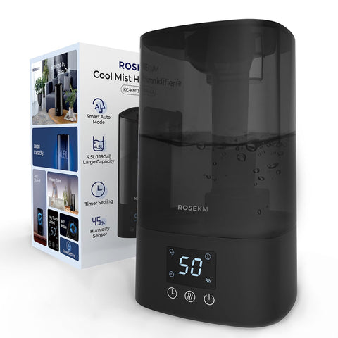 Rosekm humidifier in a bedroom setup for comfort.