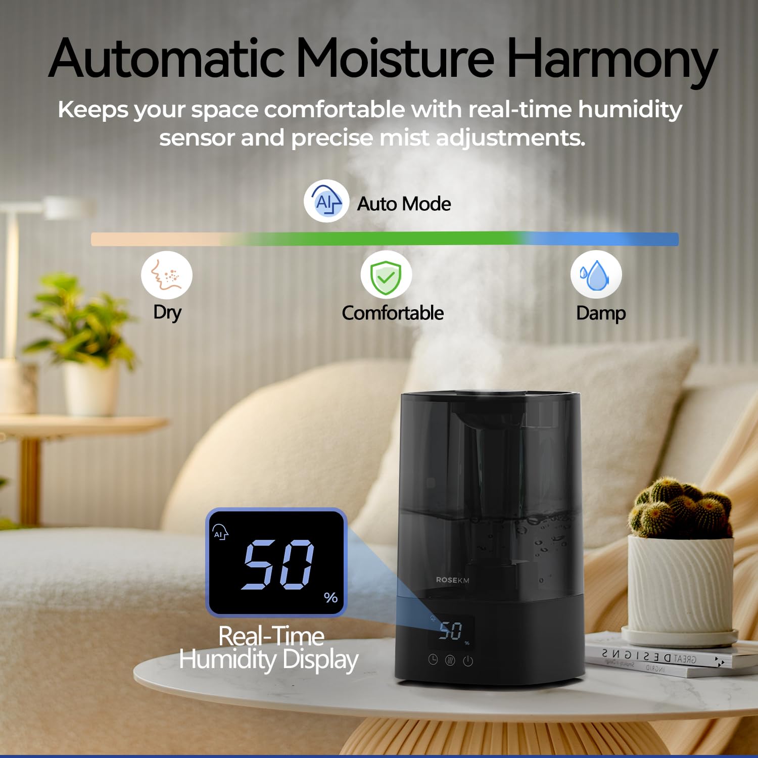 Rosekm humidifier side view showing slim bedside-friendly profile.
