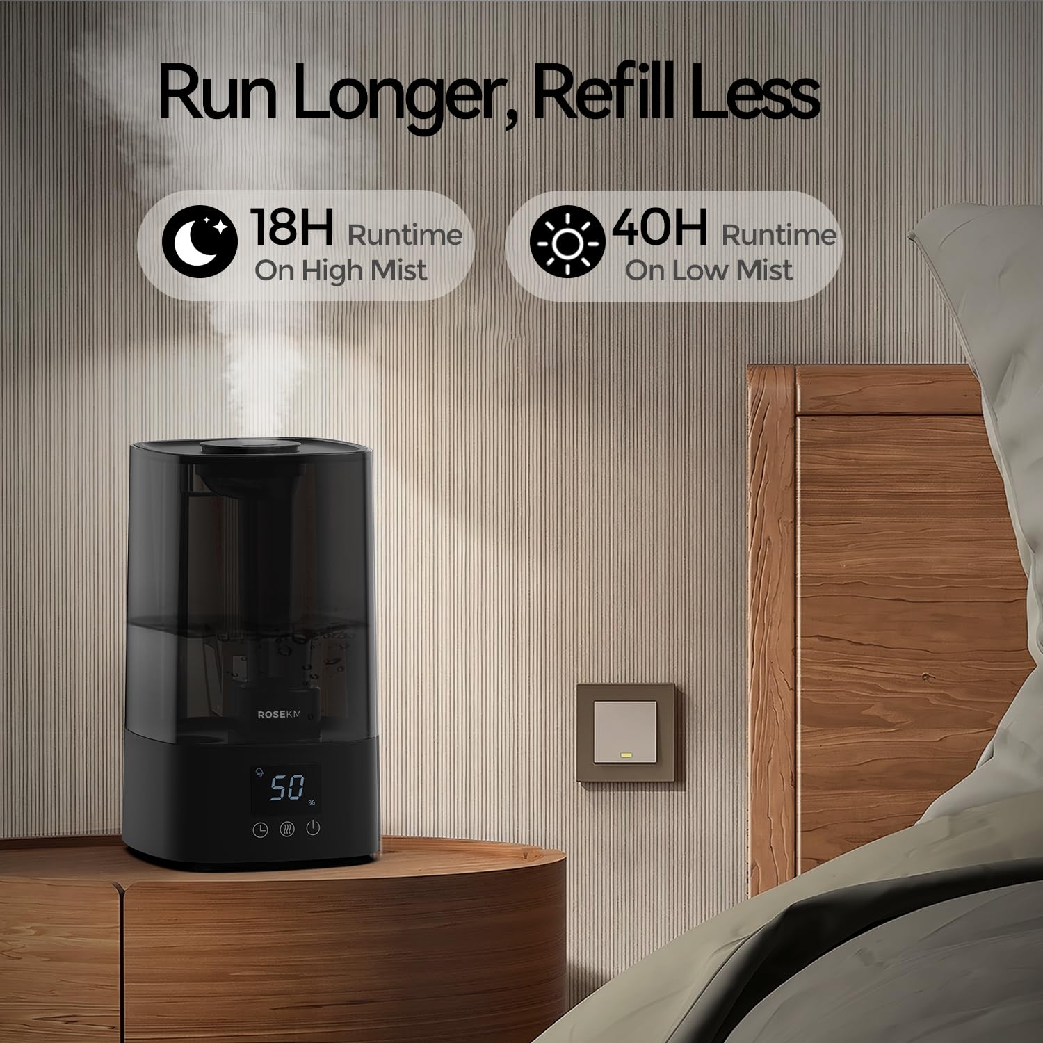 Rosekm humidifier with removable 4.5L water tank for easy refills.