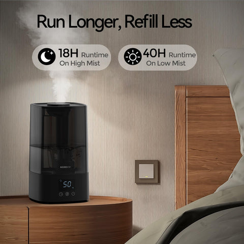 Rosekm humidifier with removable 4.5L water tank for easy refills.