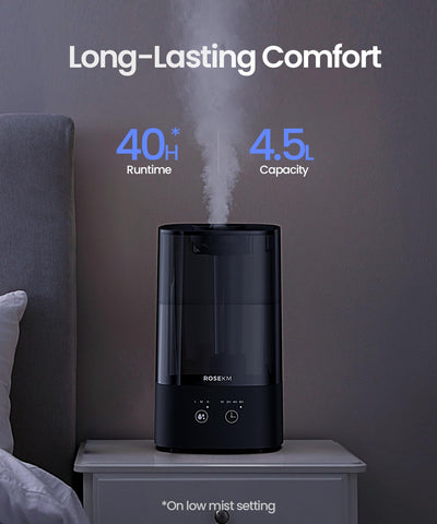Rosekm humidifier showing the 360° nozzle directing mist.