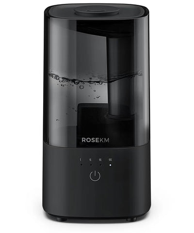 Rosekm humidifier in a bedroom, front view showing compact design for overnight use.