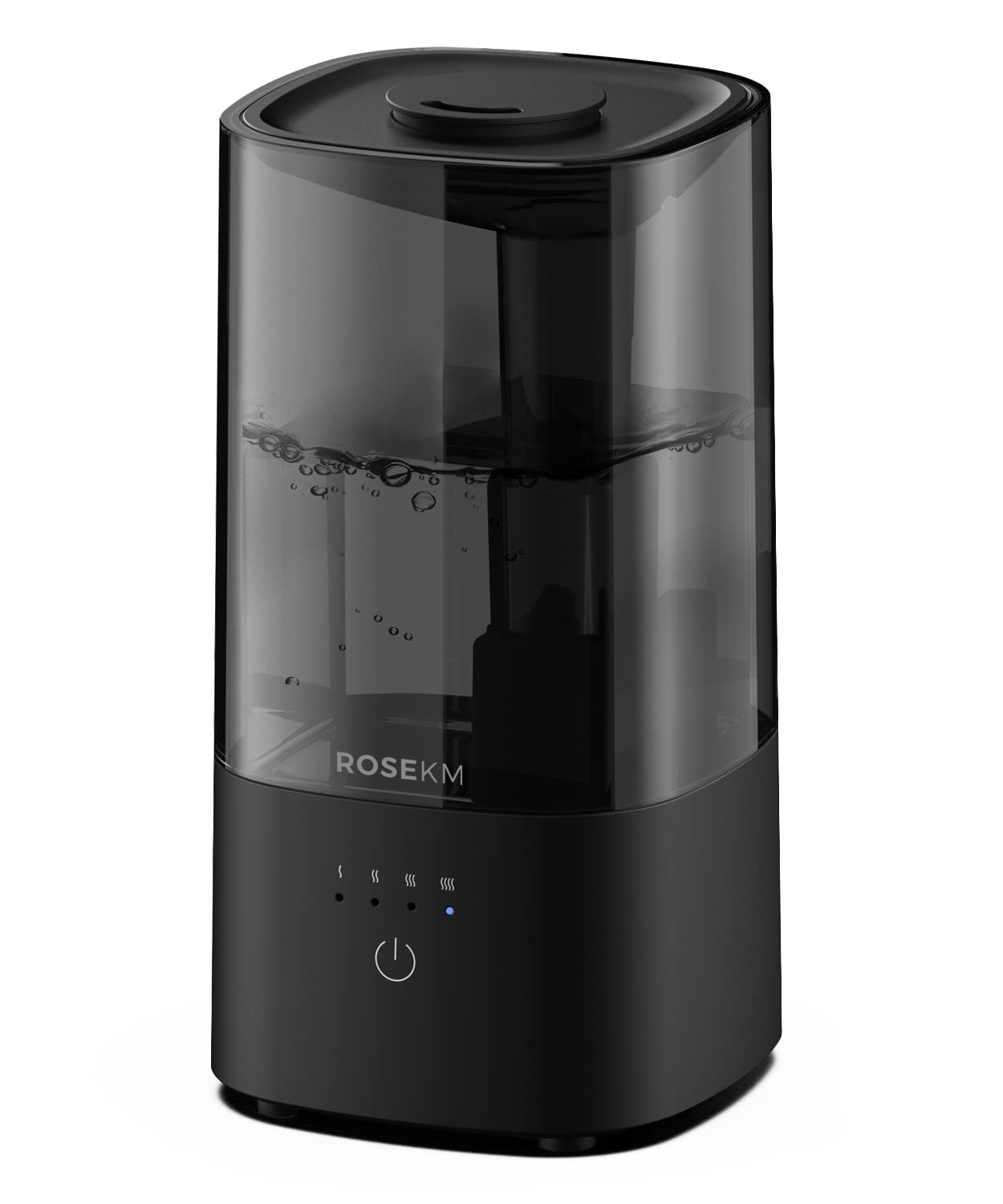 Rosekm humidifier on a nightstand, bedroom front view showing compact design