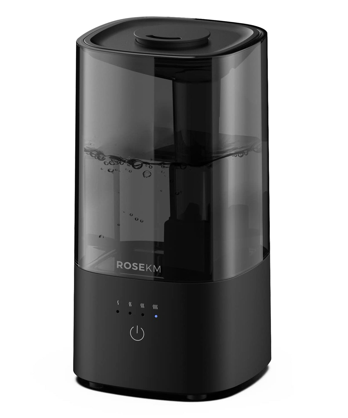 Rosekm humidifier on a nightstand, bedroom front view showing compact design
